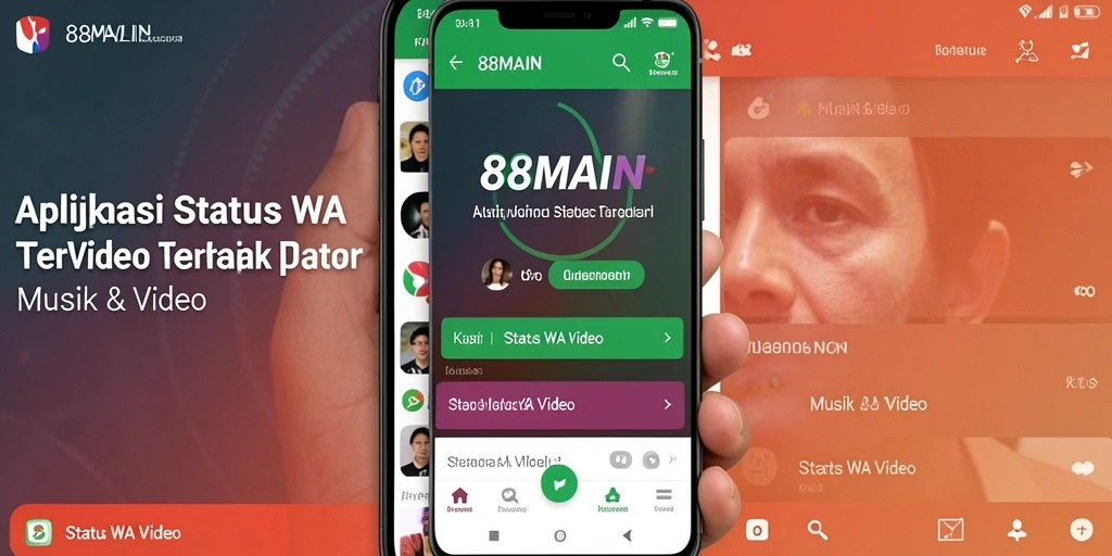 Screenshot aplikasi 88MAIN menampilkan koleksi video status WA yang menarik.
