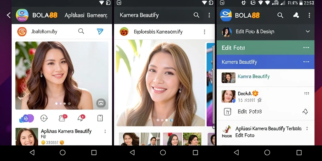 Antarmuka aplikasi BOLA88 yang menampilkan fitur pengeditan wajah dan efek beautify.