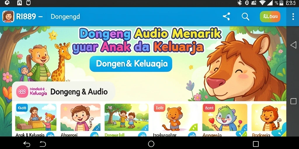 Antarmuka aplikasi RI889 yang user-friendly untuk mendengarkan dongeng.